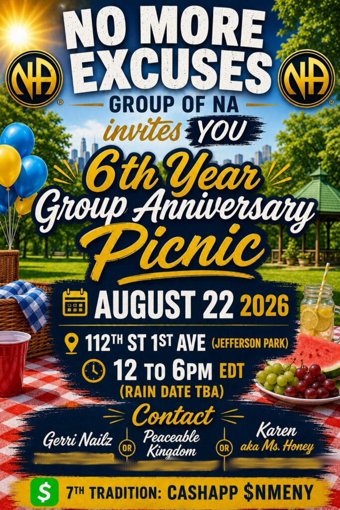 No more excuses group anniversary flyer